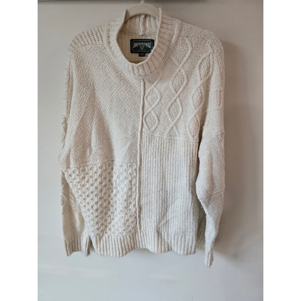 American Eagle Womens Cream Fisherman Cable Knit Mock Neck Sweater Large